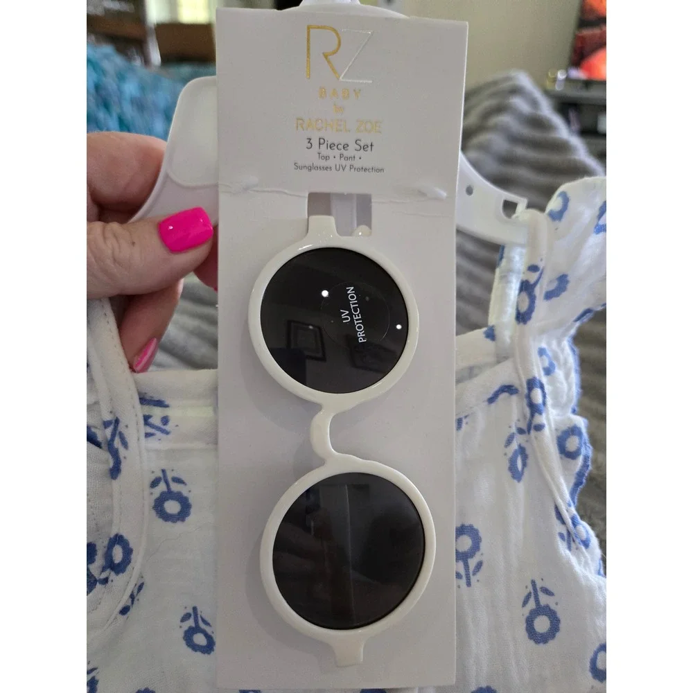 RZ by Rachel Zoe Baby Girls 3pc Cotton Gauze Set Top Pants Sunglasses Blue 12M